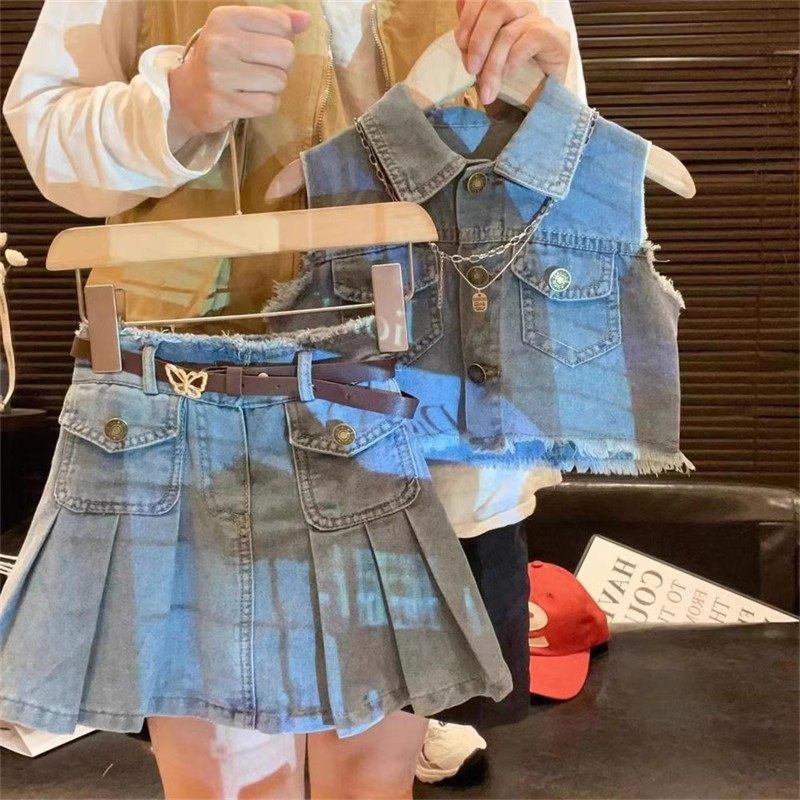 春夏季新款女童套装2025女宝宝牛仔背心百褶半身裙韩版高端两件套