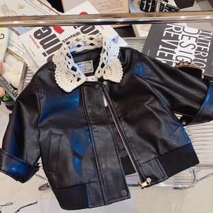 女孩洋气时尚 女童韩版 新款 拼接蕾丝皮衣外套春秋季 皮夹克上衣 短款