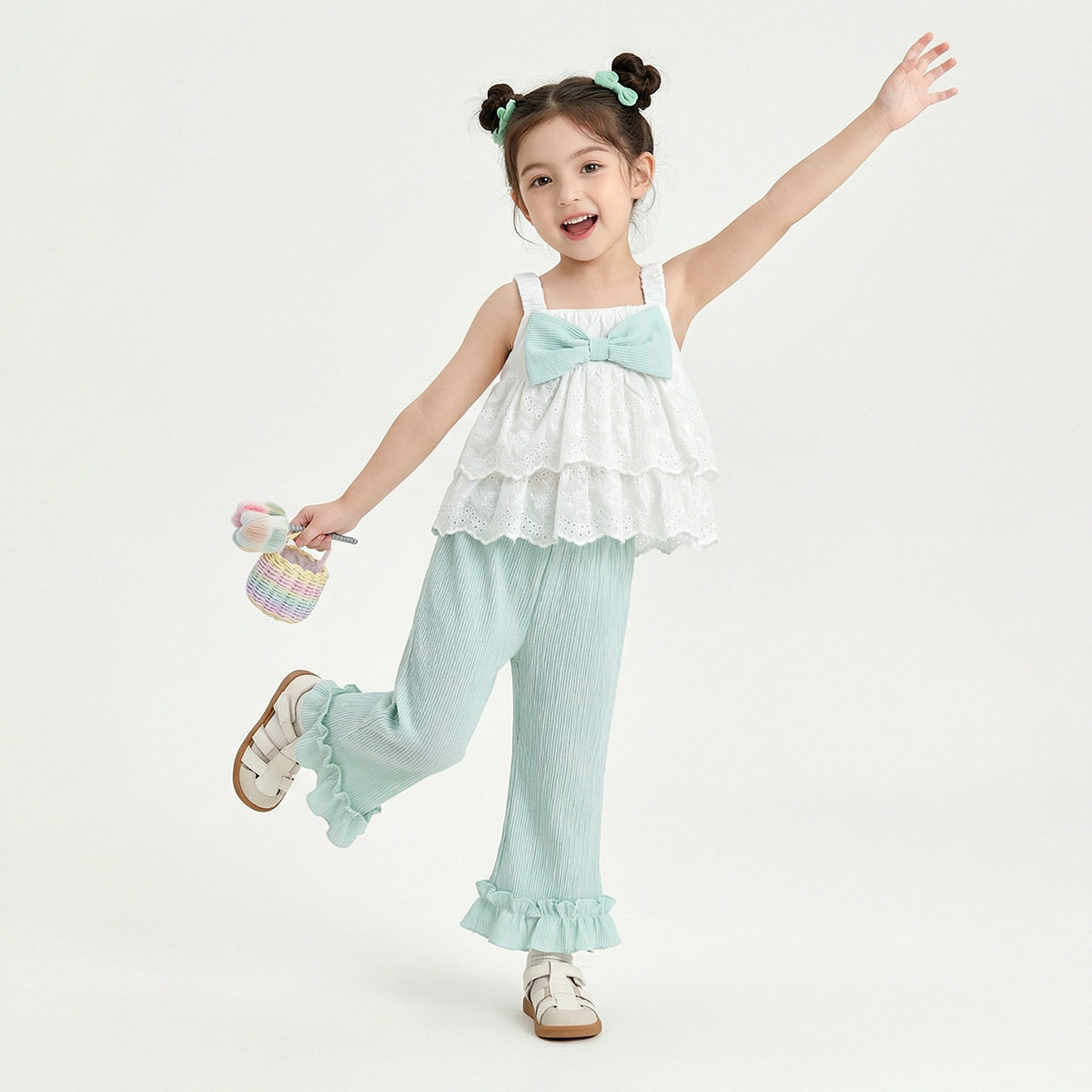女童甜美可爱淑女风套装2026夏季新款宝宝蝴蝶结吊带喇叭裤两件套