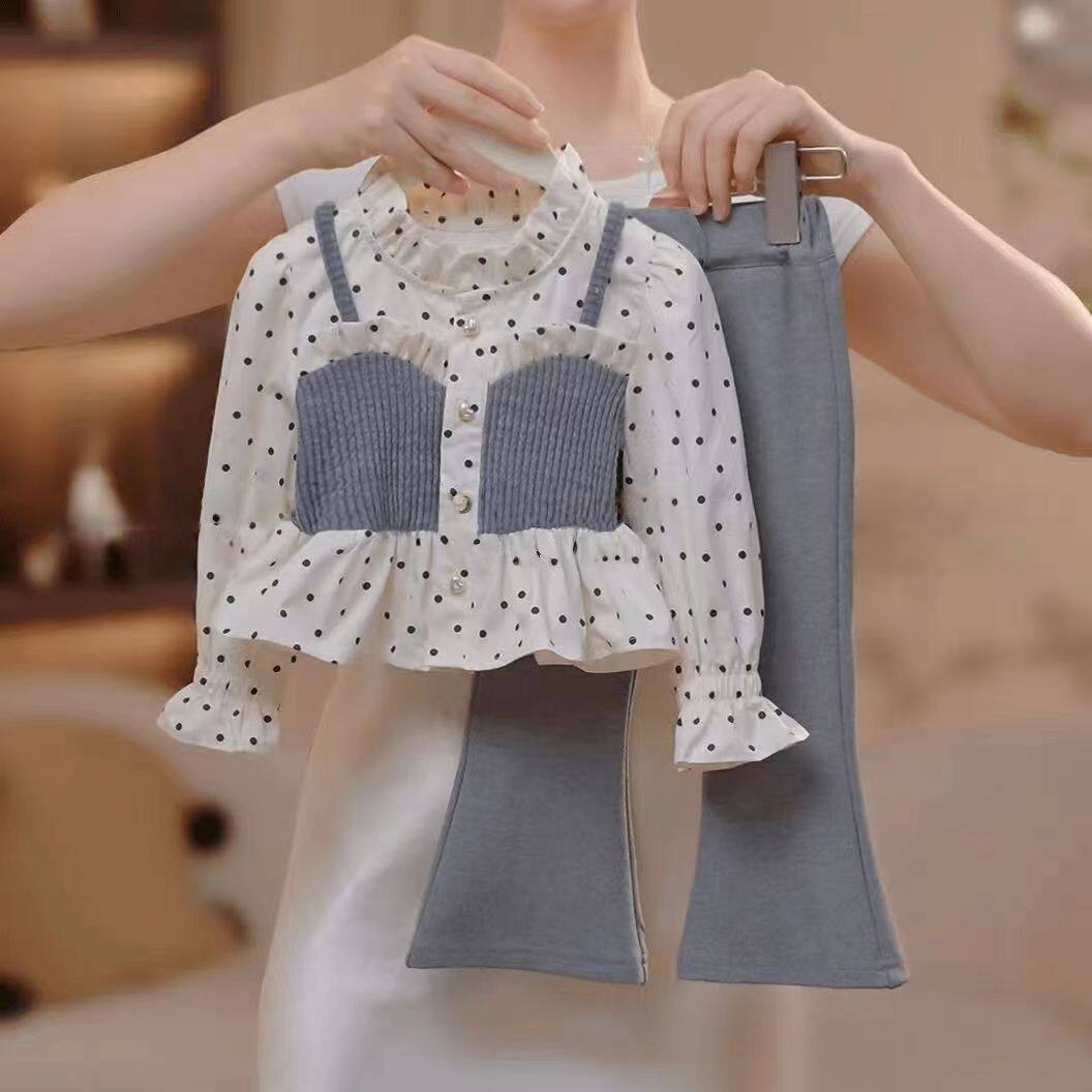 女童春秋洋气高端套装2025新款儿童韩版假两件上衣喇叭裤两件套潮