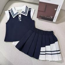 女童夏季蝴蝶结学院风短裙套装2025新款时髦女宝宝洋气无袖两件套