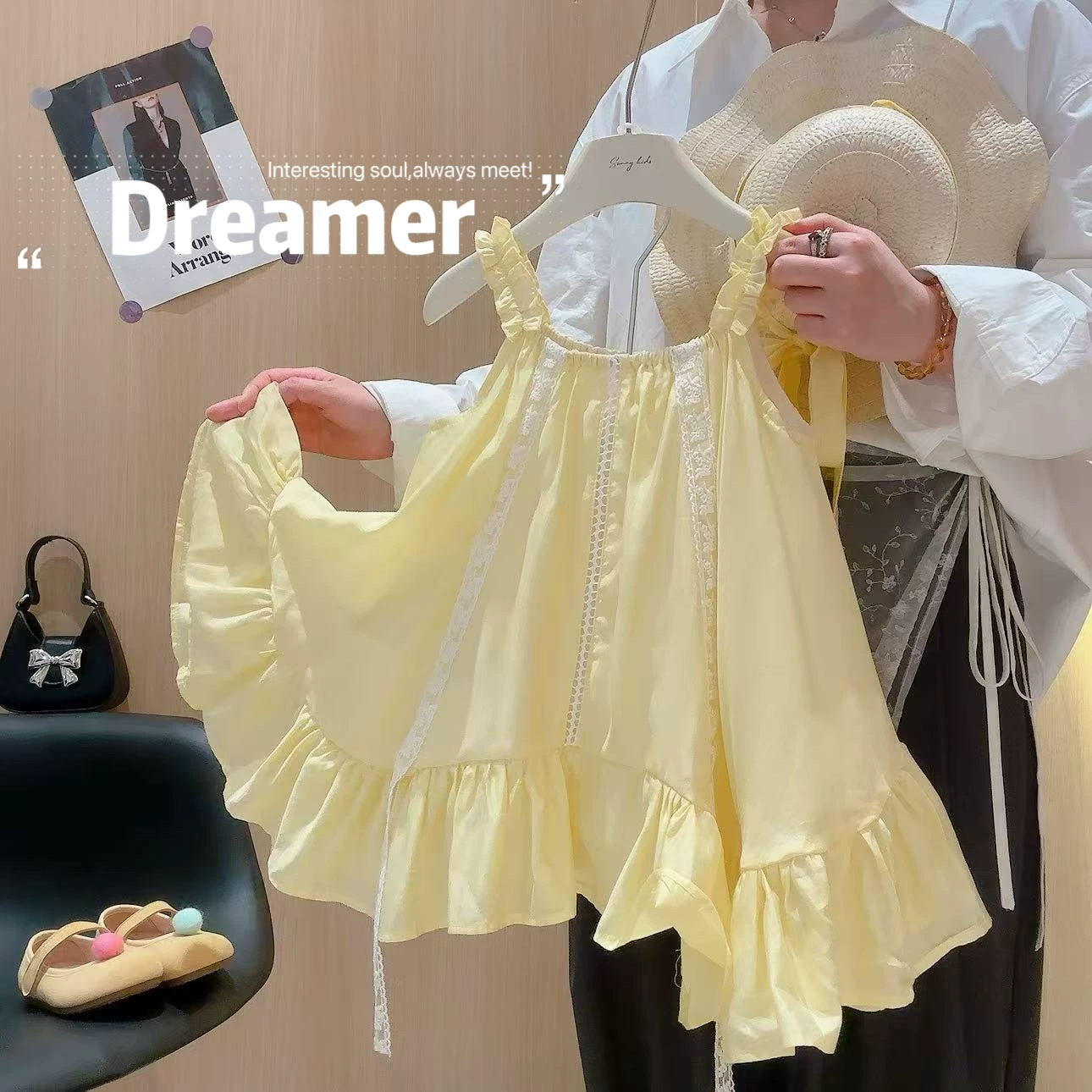 女童森系吊带背心裙2026夏季新款女宝小清新韩版蕾丝连衣裙送帽子