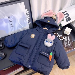 女童加厚加绒卡通连帽棉衣冬季新款宝宝洋气时尚兔子警官棉袄外套