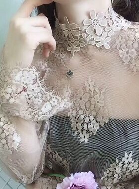 2018欧美花瓣领性感透视打底衫