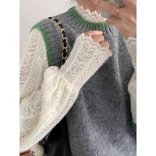 植绒磨毛半高领蕾丝打底衫