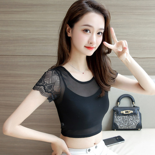 女式网纱透明新款潮修身风t恤