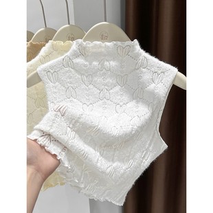 半高领假领子爱心蕾丝打底衫女2025新款秋冬磨毛背心无袖内搭上衣