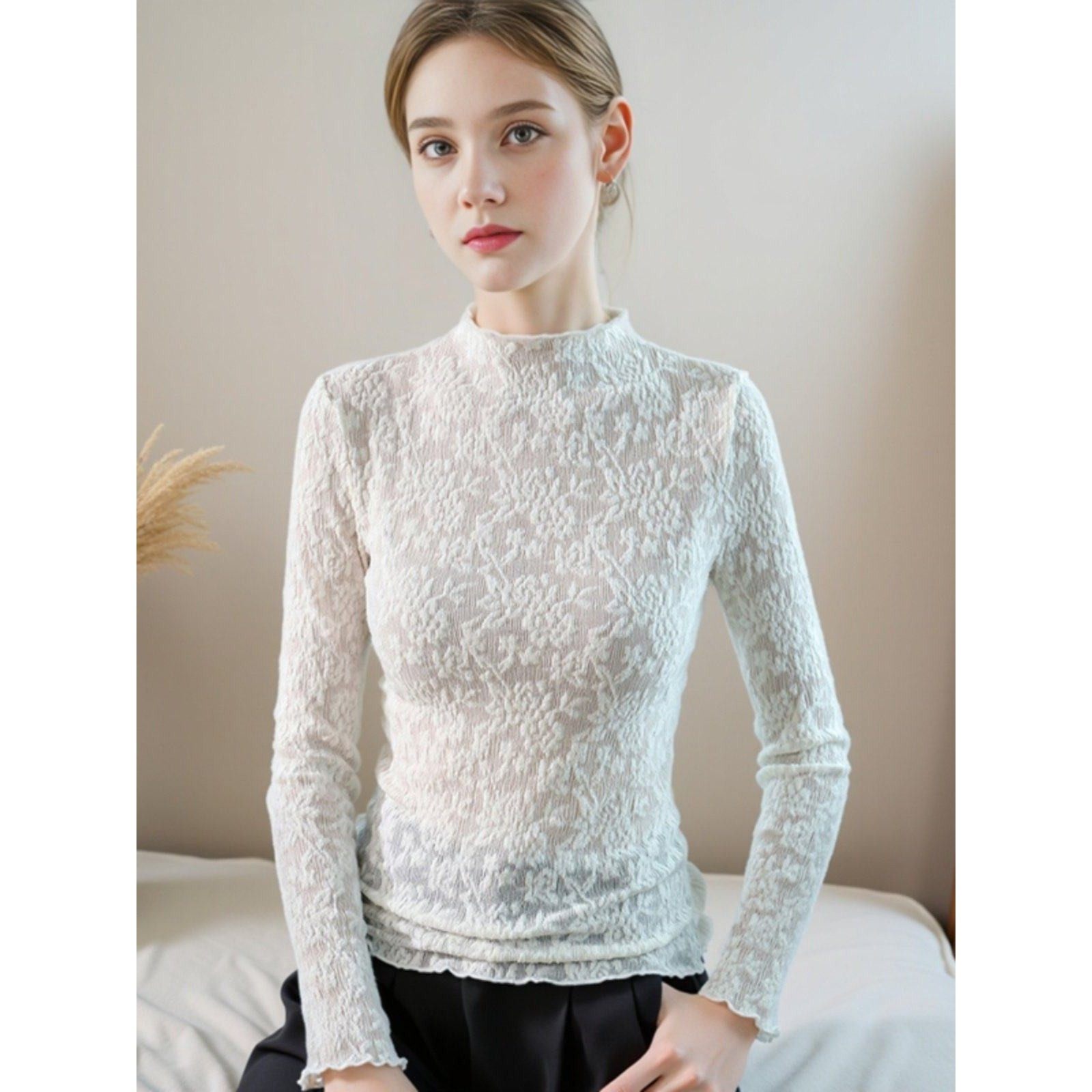 半高领透明蕾丝打底衫女修身薄款性感内搭小衫春秋冬长袖ins上衣,女装/女士精品,蕾丝衫/雪纺衫,淘宝优惠券,粉丝福利购,淘宝优惠卷