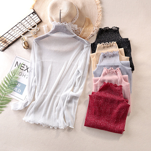 内搭女秋季 透视性感长袖 网纱上衣木耳边半高领亮丝打底衫 2019薄款