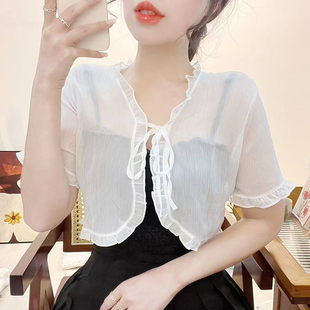 薄款 短袖 配裙子開(kāi)衫 罩衫 雪紡披肩外搭女2025新款 荷葉邊系帶上衣夏