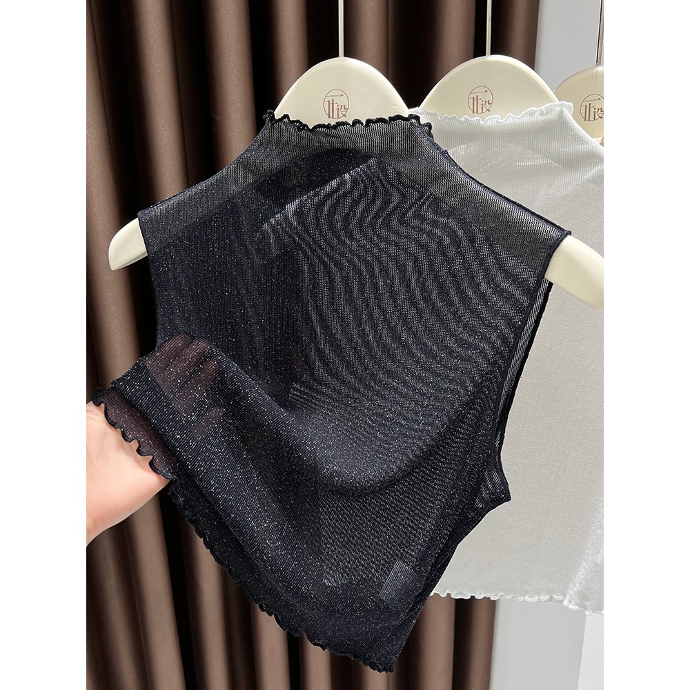 亮丝网纱半高领打底衫短款背心