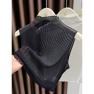 恤女背心内搭薄纱上衣高级感木耳边 无袖 亮丝网纱半高领打底衫 短款