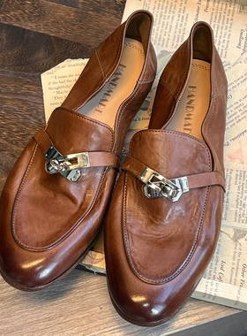 猫儿家 进口水洗马皮手工乐福鞋锁扣小皮鞋做旧马衔扣一脚蹬懒人