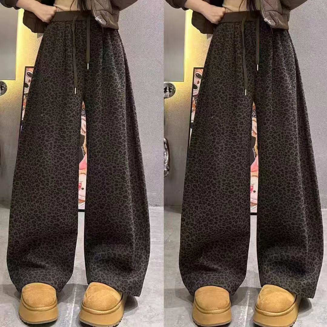 镜服饰2025秋季复古磨绒豹纹风高腰阔腿裤女宽松抽绳休闲裤20042