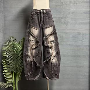 镜服饰2025秋季潮流毛边立体剪裁牛仔裤女做旧街头风弯刀裤20101