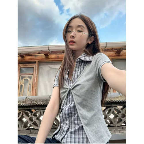 镜服饰2026夏灰格子假两件短袖T恤女修身翻领气质上衣1294