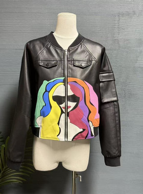 镜服饰2025冬装美人皮衣女涂鸦印花夹克时尚减龄外套19912