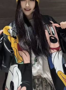 镜服饰2025冬装卡通风皮衣女宽松米奇印花街头外套19961