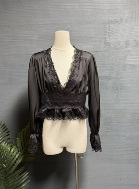 镜服饰2026春季法式浪漫蕾丝拼接V领衬衫女长袖收腰显瘦上衣10737