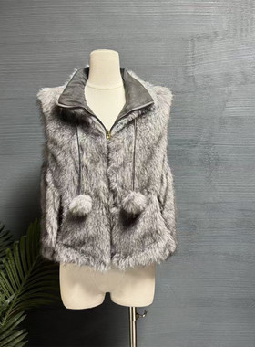 镜服饰2025通勤风双面两穿皮草马甲女立领拉链毛球背心外套10618