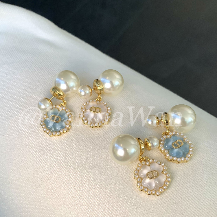 VanWan.D！cd字母蓝白幸运草四叶草吊坠26新前后式大珠珠耳环耳钉