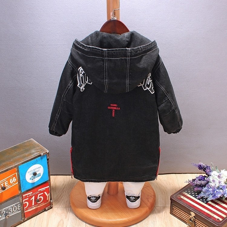 儿童夹棉外套秋冬装新款男童牛仔风衣加厚中长款夹克薄棉衣棉服