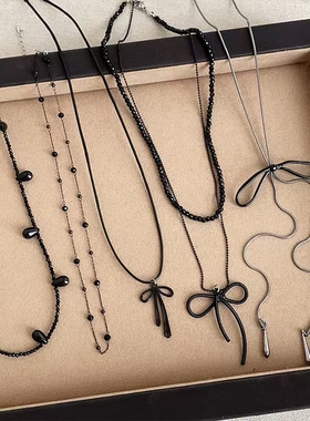 甜酷个性蝴蝶结花朵黑色水晶串珠项链女气质时尚潮流颈链锁骨链
