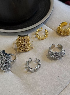 甜酷欧美时尚镂空不规则链条戒指个性夸张烟花妆真金电镀指环戒指