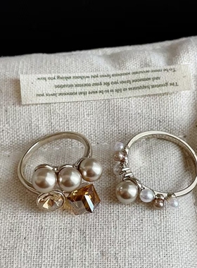 法式轻奢香槟金珍珠水晶戒指女精致ins风高级感时尚百搭指环戒