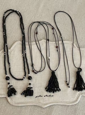 民族风黑色串珠流苏长款项链新中式复古轻奢高级优雅颈链锁骨链