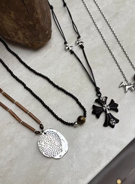 新中式天然黑玛瑙虎眼十字架串珠项链女小众设计感斑点石锁骨链女