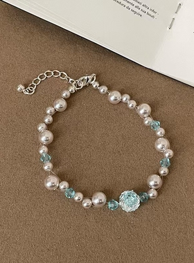 甜美清新蓝色玫瑰花锆石珍珠手链女高级感轻奢时尚潮流手环手饰