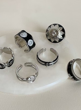 复古黑色珐琅滴釉锆石开口戒指轻奢高级时尚潮流小众ins风指环戒