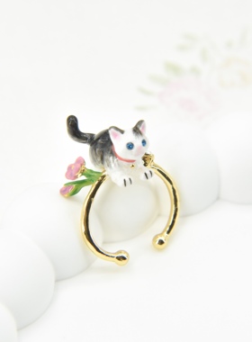 手工珐琅可爱猫咪黑色小猫戒指