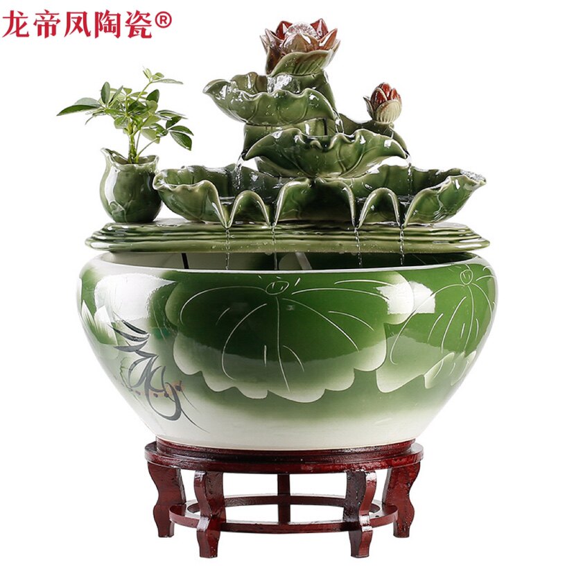 八年老店新品冲量新中式创意青瓷荷花鱼缸流水招财开业送礼乔迁摆
