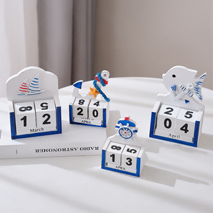 地中海木质时间日期牌木头原木日历小摆件家居桌面装 饰品拍照道具