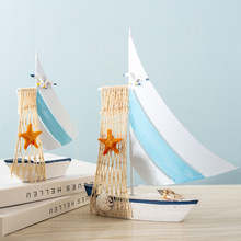 饰品礼品 包邮🍬 地中海帆船模型摆件木质做旧工艺船蓝白贝壳船家居装