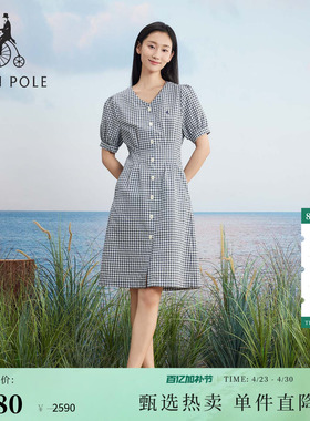 BEANPOLE滨波  女士泡泡纱简约格纹设计度假风V领优雅气质连衣裙