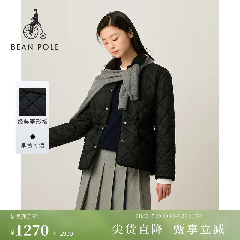 BEANPOLE滨波  春季女中长款简约休闲翻领菱形格绗缝棉服夹棉外套