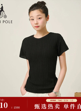 【新品】BEANPOLE滨波2025秋冬女士休闲黑色套头短袖针织T恤上衣