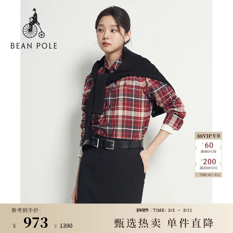 BEANPOLE滨波 春季女士休闲日常通勤简约微磨毛纯棉长袖格纹