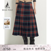 含绵羊毛BEANPOLE滨波春秋女士时尚 学院风休闲红大格纹百褶半身裙