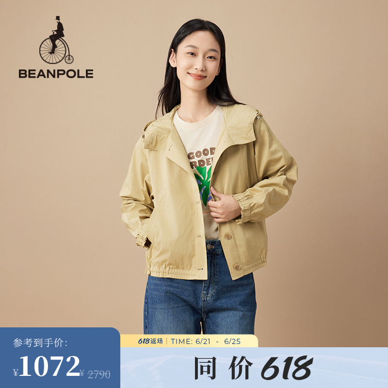 BEANPOLE滨波 春季女士米色休闲通勤单排扣连帽短款夹克外套