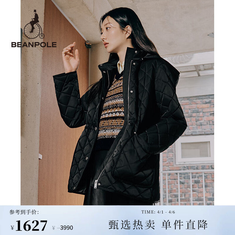 BEANPOLE滨波 女士黑色连帽潮酷时尚老钱风简约绗缝格纹棉服外套