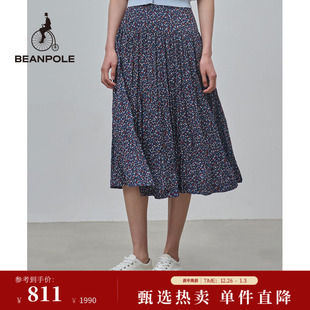 女士休通勤闲职场优雅印花细褶时尚 BEANPOLE滨波 半身裙 A字裙