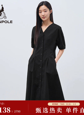 BEANPOLE滨波  女士静奢风泡泡袖优雅修身V领简约时尚短袖连衣裙