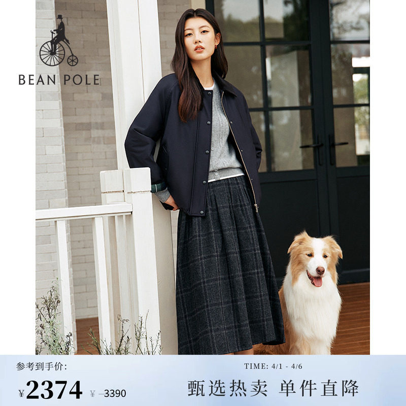 BEANPOLE滨波春秋女士学院复古老钱风简约休闲狩猎型拼接棉服外套