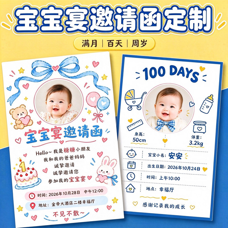 宝宝宴邀请函定制生日宴卡通请柬设计满月周岁派对纸质请帖定做