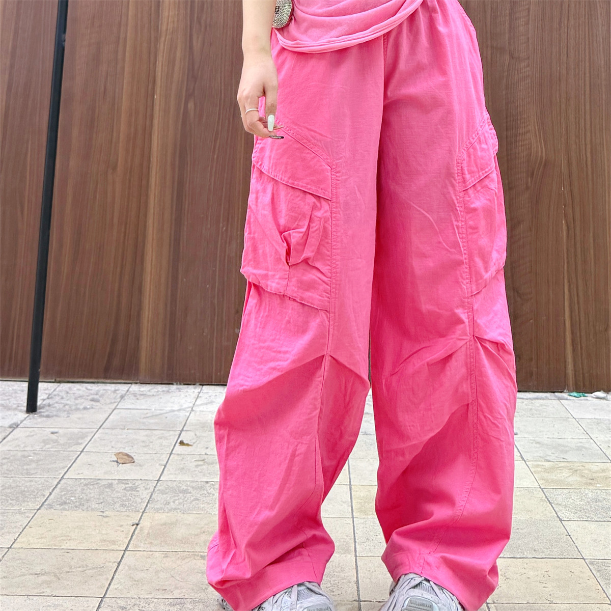 夏季大口袋棉麻工装裤女高腰显瘦宽松拖地裤百搭直筒裤休闲长裤子