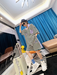 五分运动高腰短裤女夏宽松大码黑白条纹花边裤子显瘦休闲阔腿裤潮